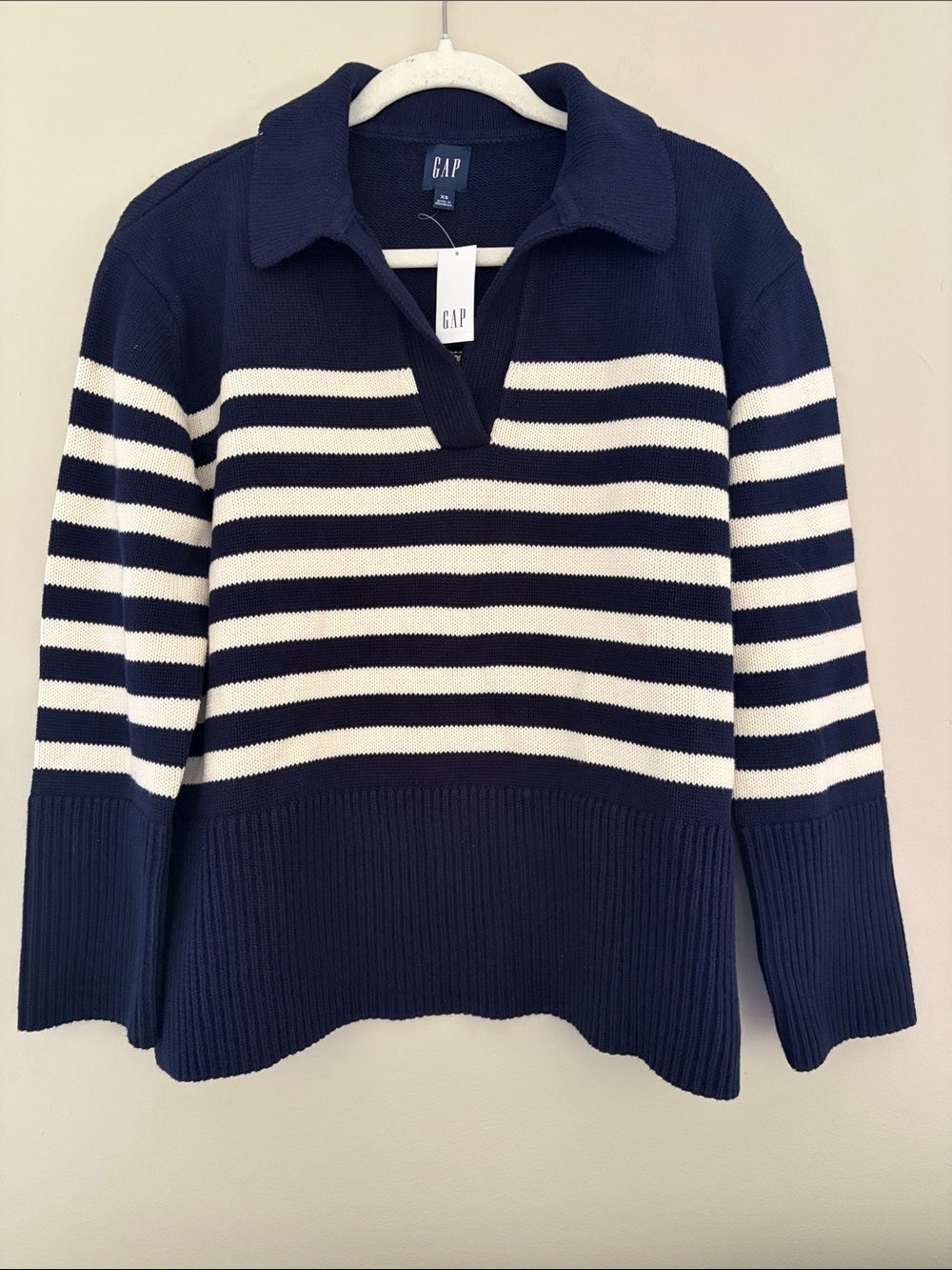 NWT GAP Navy and White Striped Collared V-Neck Sweater